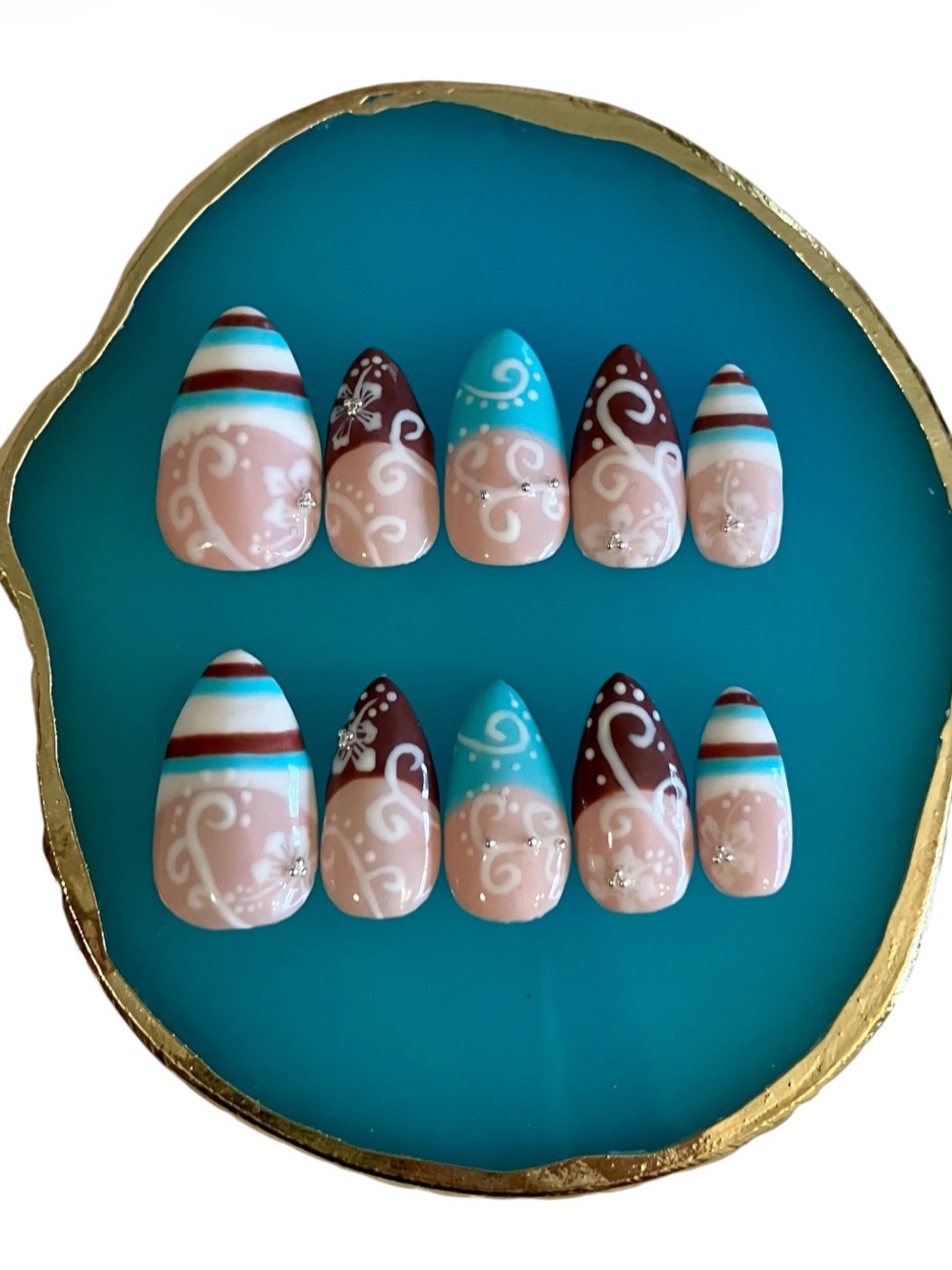 Handmade Teal & Brown Press On Nails Almond Short, Medium or Long